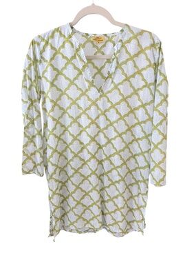 Roberta Roller Rabbit Cotton Tunic Top Size Small Blue Green Block Print Beach